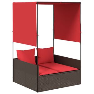 vidaXL Lettino prendisole doppio con tettoia e tende in Polyrattan Marrone