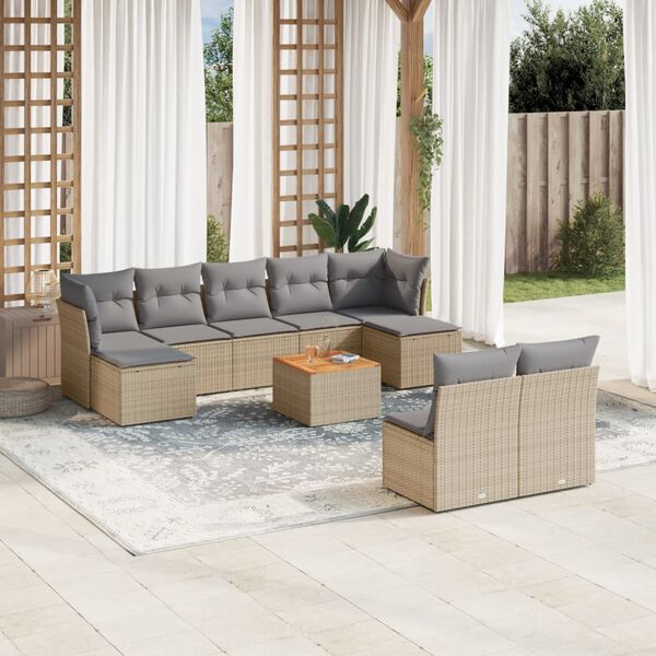 vidaXL Set Divano da Giardino 10 pz con Cuscini Beige Misto Polyrattan
