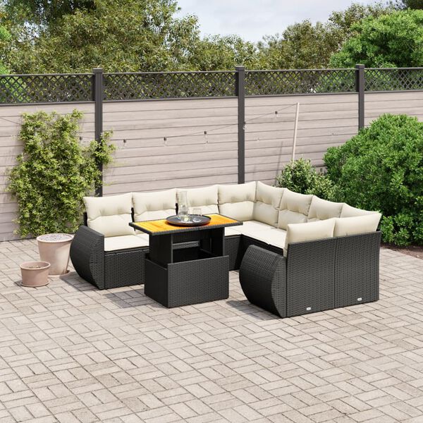 vidaXL Set Divani da Giardino 9 pz con Cuscini Nero in Polyrattan