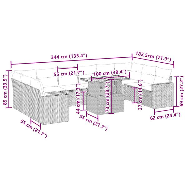 vidaXL Set Divani da Giardino 11 pz con Cuscini Beige in Polyrattan