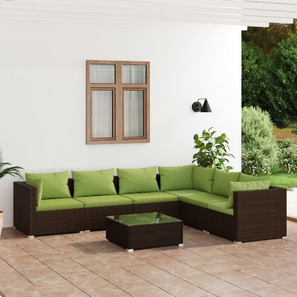 vidaXL Set Divani da Giardino 7 pz con Cuscini in Polyrattan Marrone
