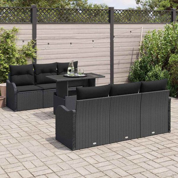 vidaXL Set Divano da Giardino con cuscino 7 pcs Nero Poly Rattan