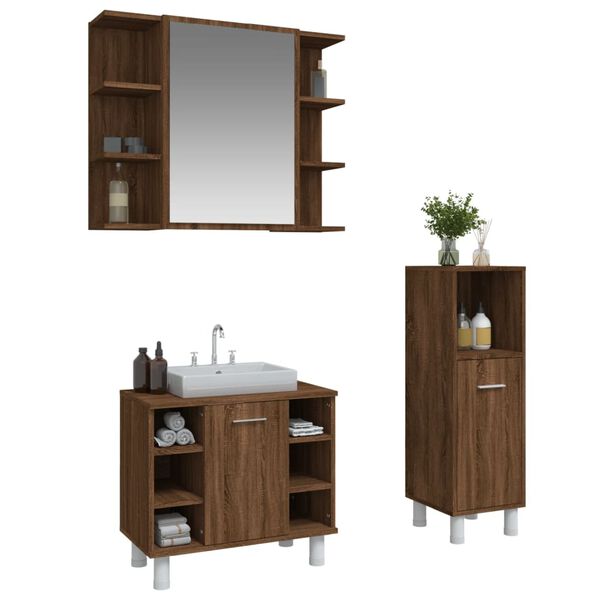 vidaXL Set Mobili da Bagno 3 pz Rovere Marrone in Legno Multistrato
