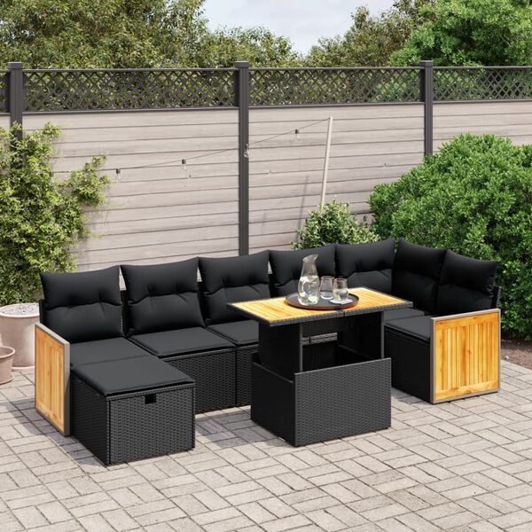 vidaXL Set Divani da Giardino con Cuscini 8 pz Nero in Polyrattan