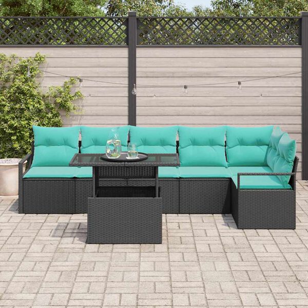 vidaXL Set Divano da Giardino con cuscino 7 pcs Nero e Blu polyrattan