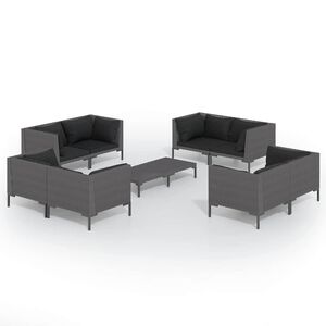 vidaXL Set Divani Giardino 9 pz con Cuscini in Polyrattan Grigio Scuro