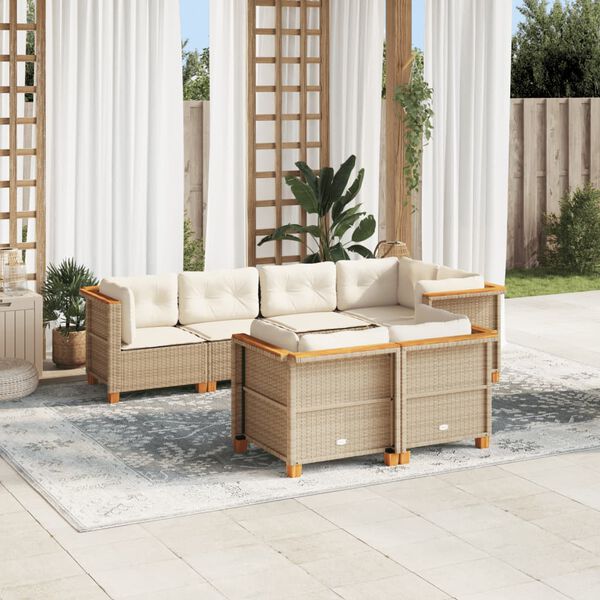 vidaXL Set Divani da Giardino 7 pz con Cuscini Beige in Polyrattan