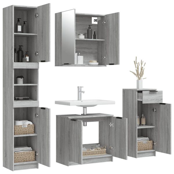 vidaXL Set Mobili da Bagno 4 pz Grigio Sonoma in Legno Multistrato