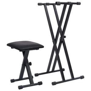 vidaXL Set Supporto per Tastiera a Doppia Staffa con Sgabello Nero
