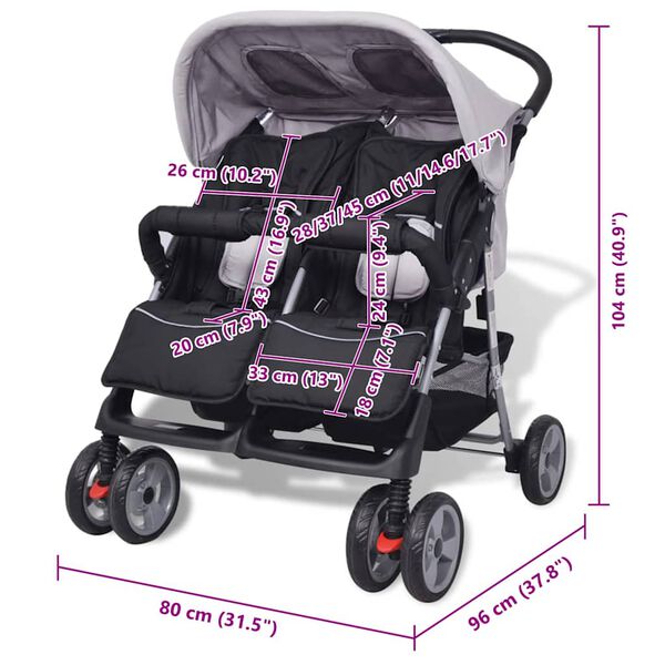 Passeggino Gemellare VidaXL - Regolabile, Acciaio, Ruote Bloccabili, Per Bambini Fino 15kg - Foto 6