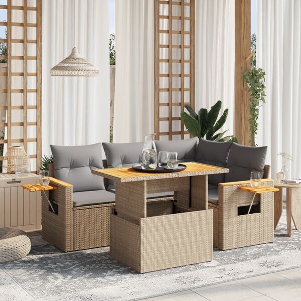 vidaXL Set Divano da Giardino 5 pz con Cuscini Beige in Polyrattan