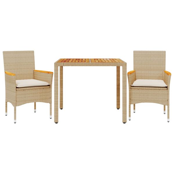 vidaXL Set Pranzo da Giardino 3pz con Cuscini Beige Polyrattan Acacia