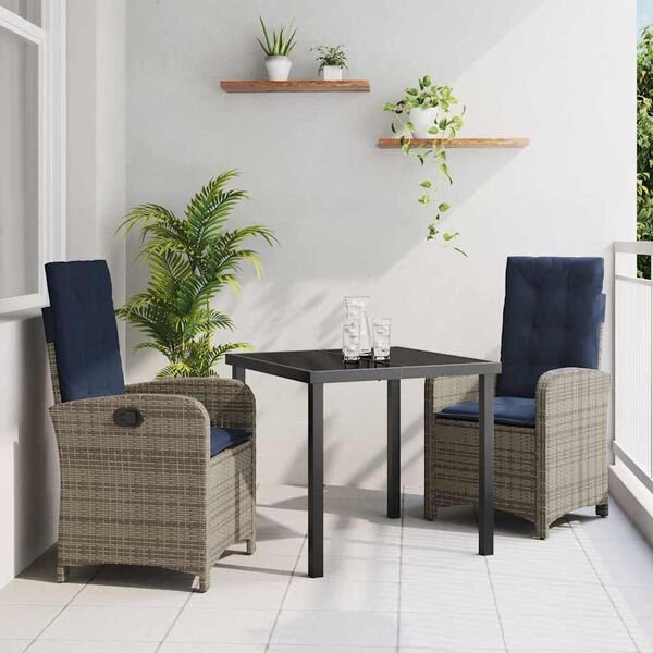 vidaXL Set da Pranzo per Giardino con cuscino 3 pcs Grigio polyrattan