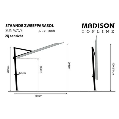 Madison Ombrellone da Balcone Sun Wave 270x150 cm Grigio PAC3P014