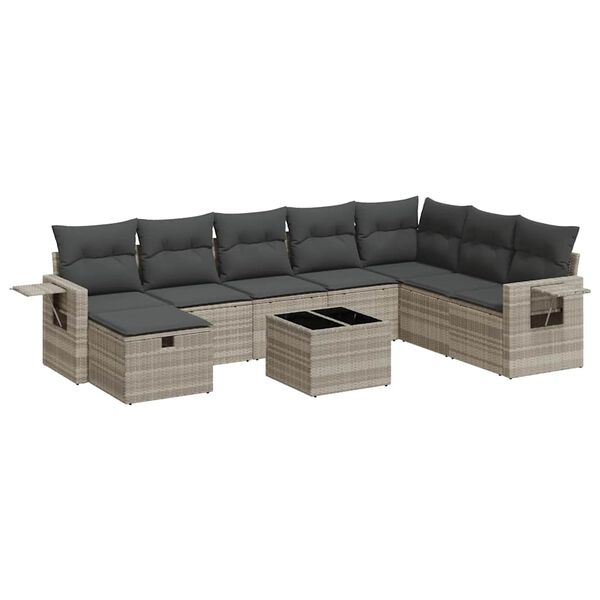 vidaXL Set Divano da Giardino 9pz con Cuscini Grigio Chiaro Polyrattan