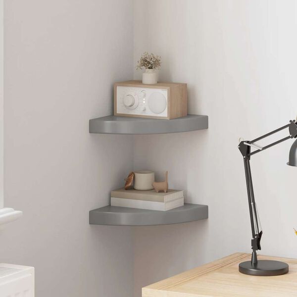 vidaXL Scaffali Angolari a Parete 2 pz Grigio Lucido 25x25x3,8 cm MDF