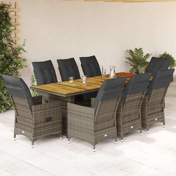 vidaXL Set Bistr&ograve; da Giardino 9 pz con Cuscini in Polyrattan Grigio