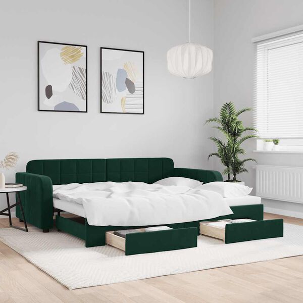vidaXL Divano Letto Estraibile Cassetti Verde Scuro 90x200cm Velluto