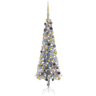 vidaXL Albero di Natale Sottile Preilluminato Palline Argento 180 cm