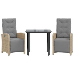 vidaXL Set da Bistr&ograve; 3 pz con Cuscini Beige in Polyrattan