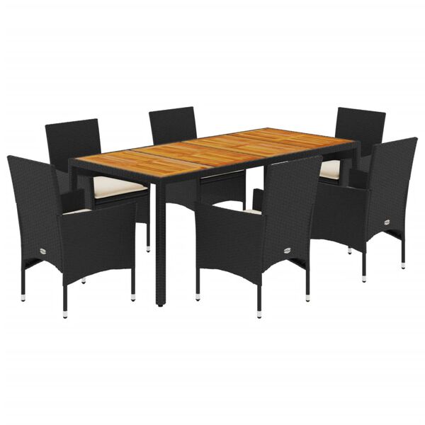 vidaXL Set Pranzo da Giardino 7 pz Nero con Cuscini Polyrattan Acacia