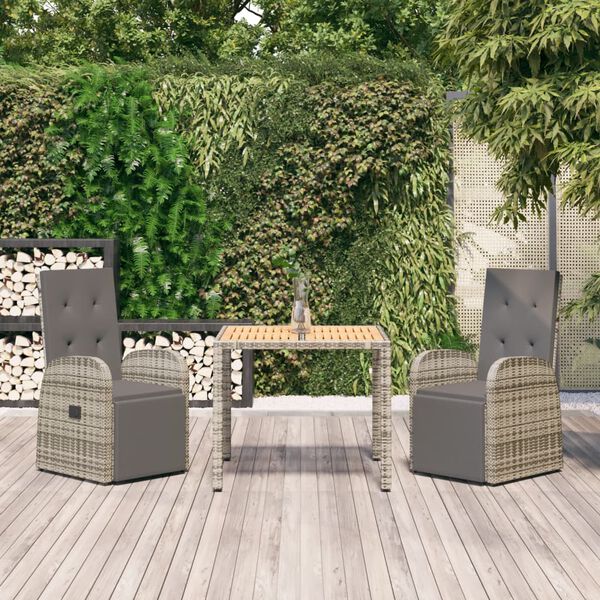 vidaXL Set da Pranzo da Giardino 3 pz con Cuscini in Polyrattan Grigio
