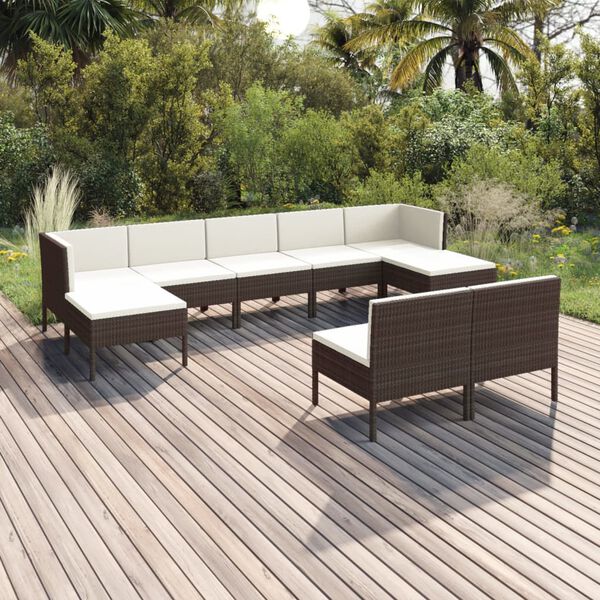 vidaXL Set Divani da Giardino 9 pz con Cuscini in Polyrattan Marrone