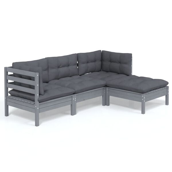 vidaXL Set Divani da Giardino 4 pz con Cuscini Grigi Massello di Pino