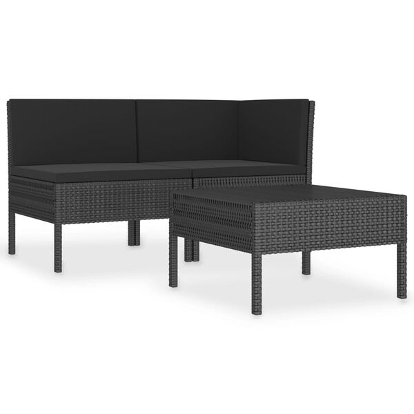 vidaXL Set Divani da Giardino 3 pz con Cuscini in Polyrattan Nero