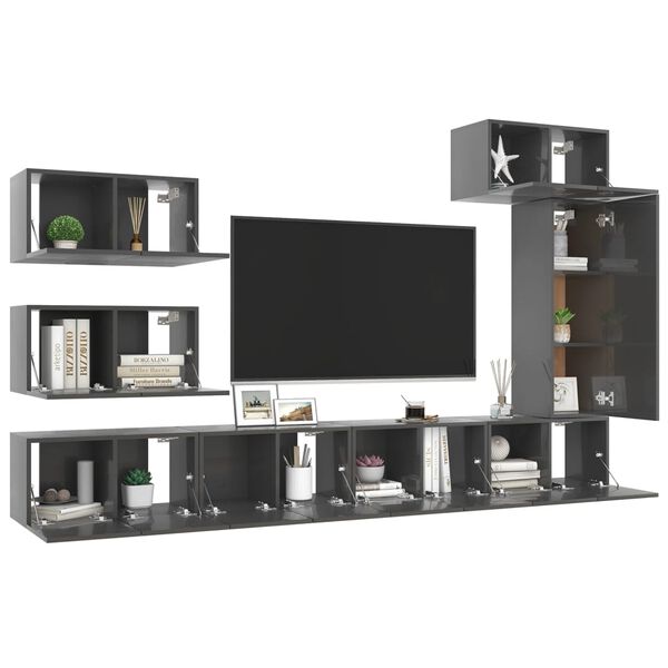 vidaXL Set Mobili TV 8 pz Grigio Lucido in Legno Multistrato