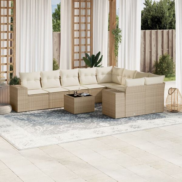 vidaXL Set Divano da Giardino 10 pz con Cuscini Beige in Polyrattan