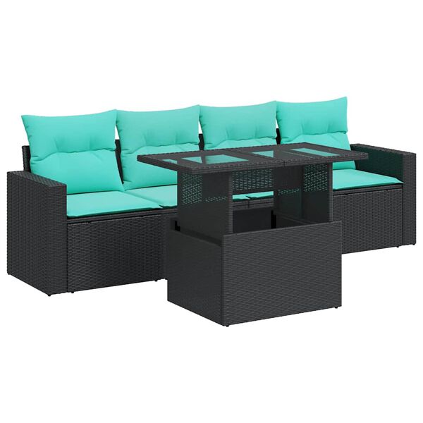 vidaXL Set Divani da Giardino 5 pz con Cuscini Nero Polyrattan Acacia