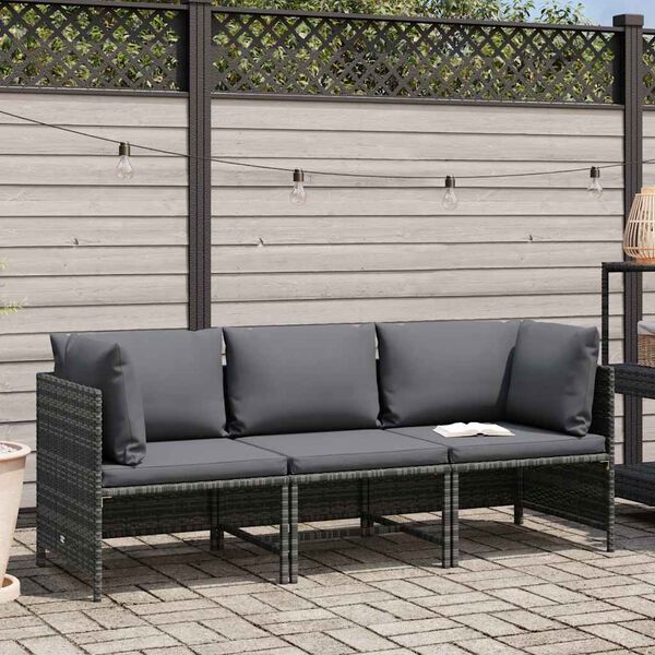 vidaXL Divano da Giardino a 3 Posti con Cuscini in Polyrattan Grigio