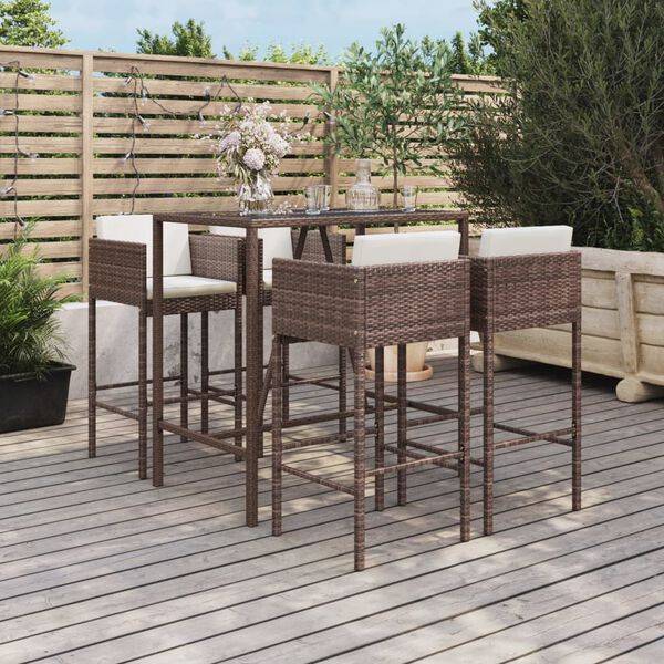 vidaXL Set Bar da Giardino 5 pz con Cuscini in Polyrattan Marrone