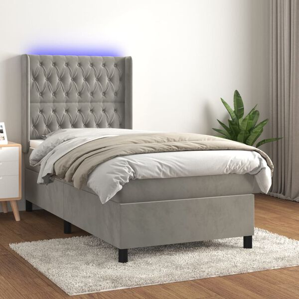 vidaXL Letto a Molle Materasso e LED Grigio Chiaro 100x200 cm Velluto