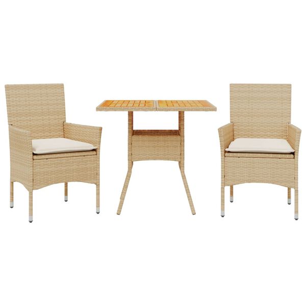 vidaXL Set Pranzo da Giardino 3 pz con Cuscini Beige Polyrattan Acacia