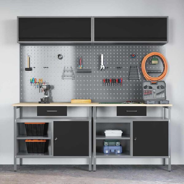 vidaXL Set banco da lavoro 8 pcs Nero 200 x 55 x 200 cm Acciaio