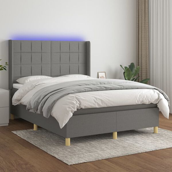 vidaXL Letto a Molle Materasso e LED Grigio Scuro 140x190cm in Tessuto