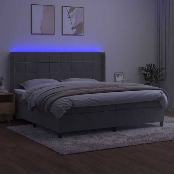 vidaXL Letto a Molle Materasso e LED Grigio Chiaro 200x200 cm Velluto