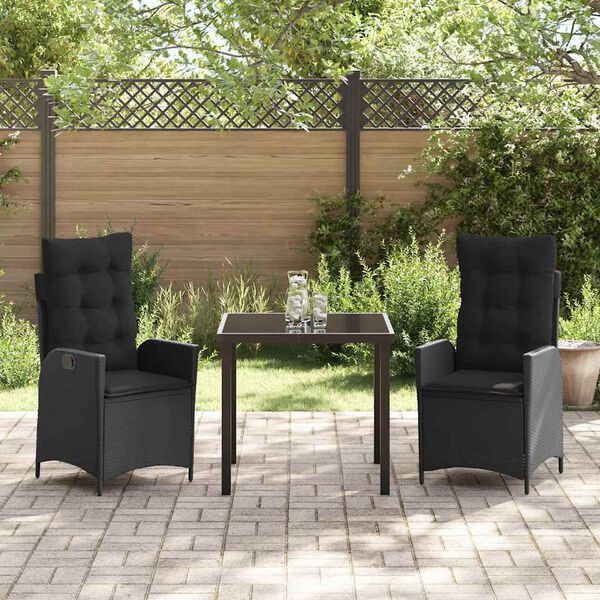 vidaXL Set da Pranzo per Giardino con cuscino 3 pcs Nero polyrattan