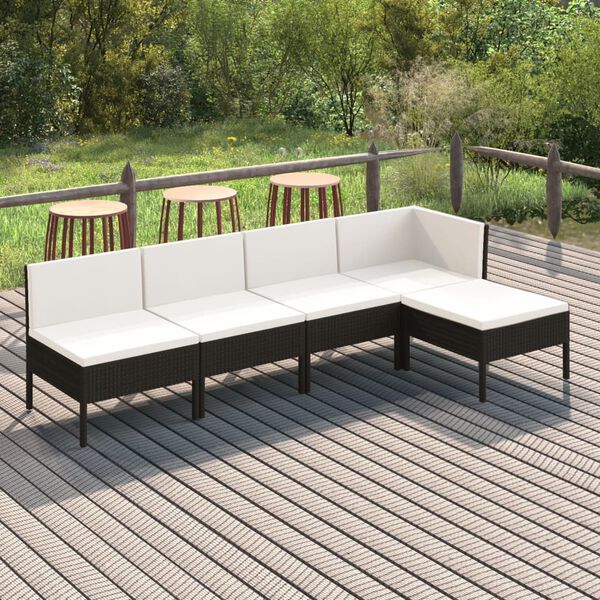 vidaXL Set Divani da Giardino 5 pz con Cuscini in Polyrattan Nero