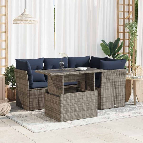 vidaXL Set Divano Giardino 5 pz con Cuscini Grigio Polyrattan Acacia