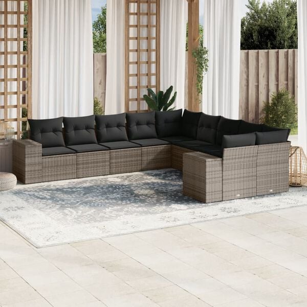 vidaXL Set Divano da Giardino 10 pz con Cuscini Grigio in Polyrattan
