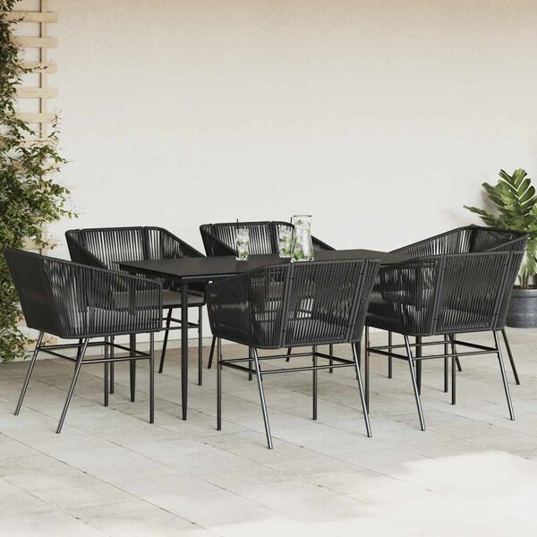 vidaXL Set Pranzo da Giardino 7 pz Nero con Cuscini Polyrattan Vetro
