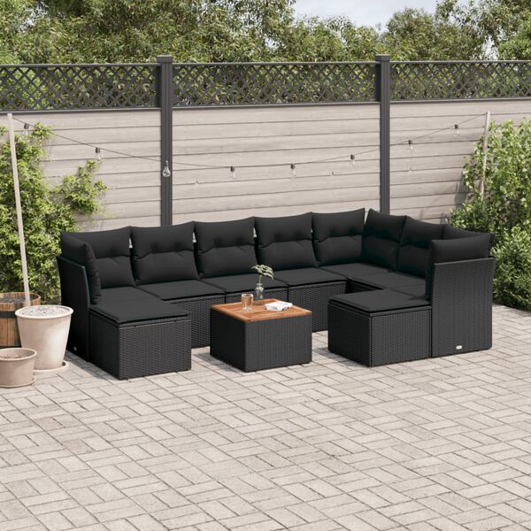 vidaXL Set Divani da Giardino 10pz con Cuscini in Polyrattan Nero