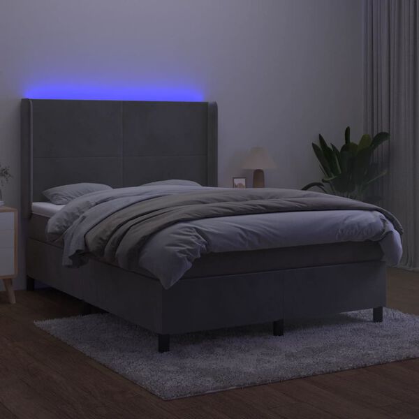 vidaXL Letto a Molle Materasso e LED Grigio Chiaro 140x200 cm Velluto