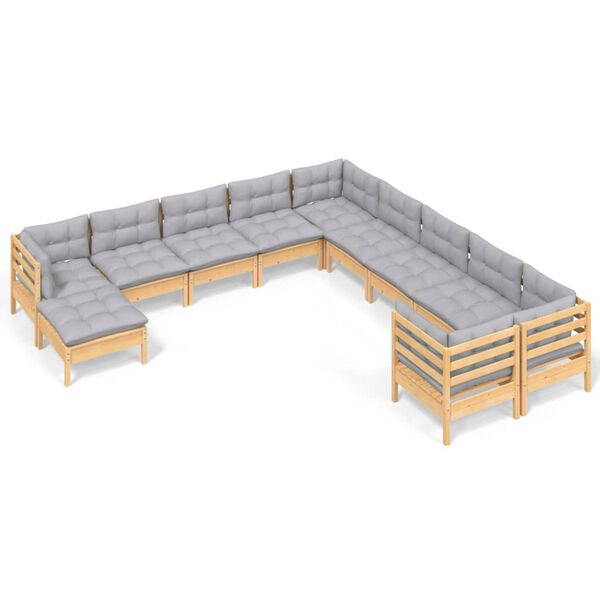 vidaXL Set Divani da Giardino 11 pz con Cuscini Grigi Massello di Pino