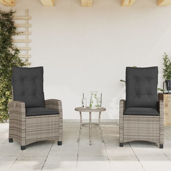 vidaXL Set da Bistr&ograve; 3 pz con Cuscini Grigio in Polyrattan