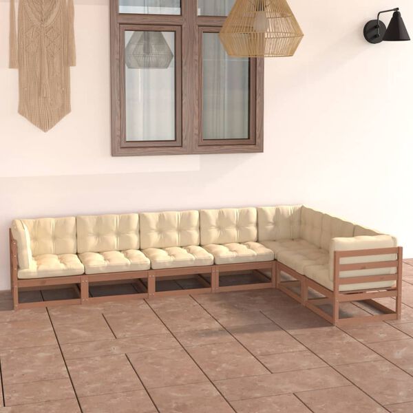 vidaXL Set Salotto Giardino e Cuscini 7 pz Legno Massello Pino Ambra