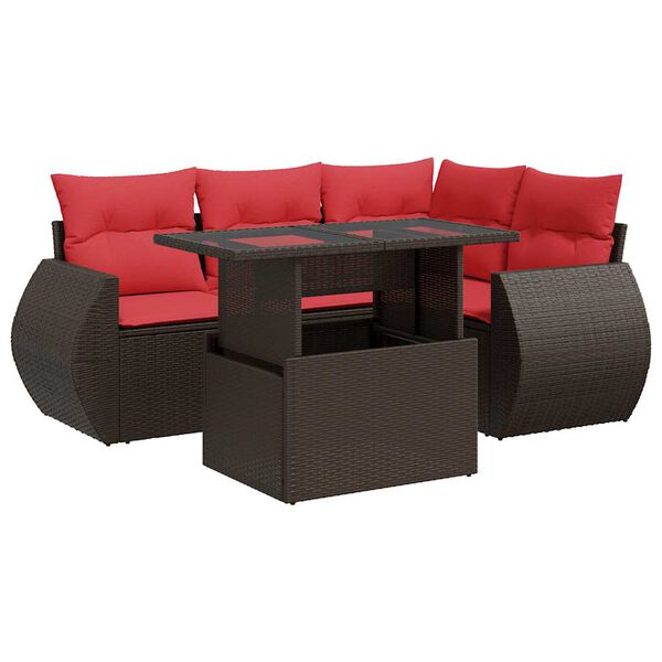 vidaXL Set Divano da Giardino 5 pz Cuscini Marrone Polyrattan e Acacia